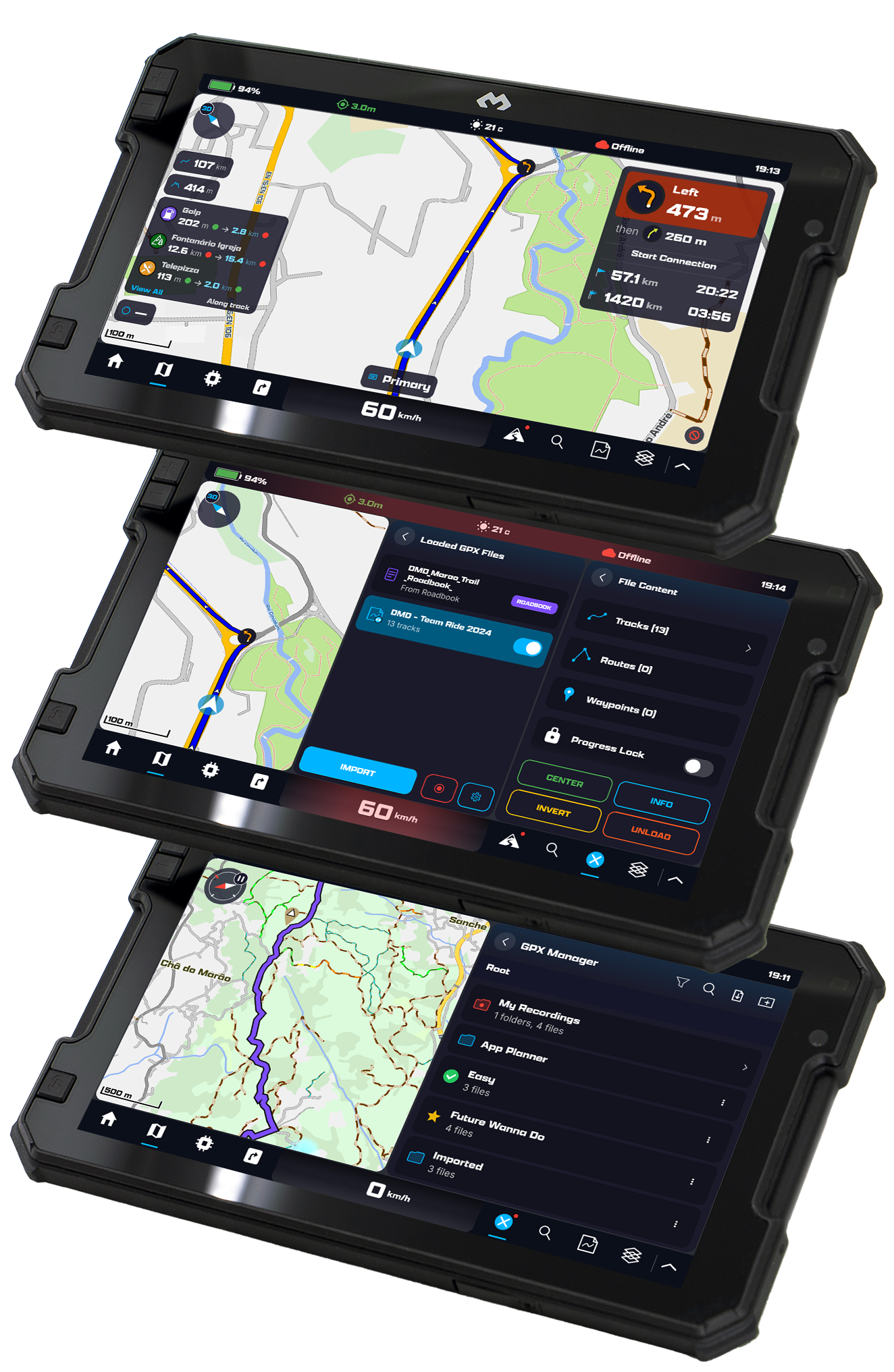 Three DMD tablets showing turn-by-turn navigation along a track, the loaded GPX files panel and the GPX Manager