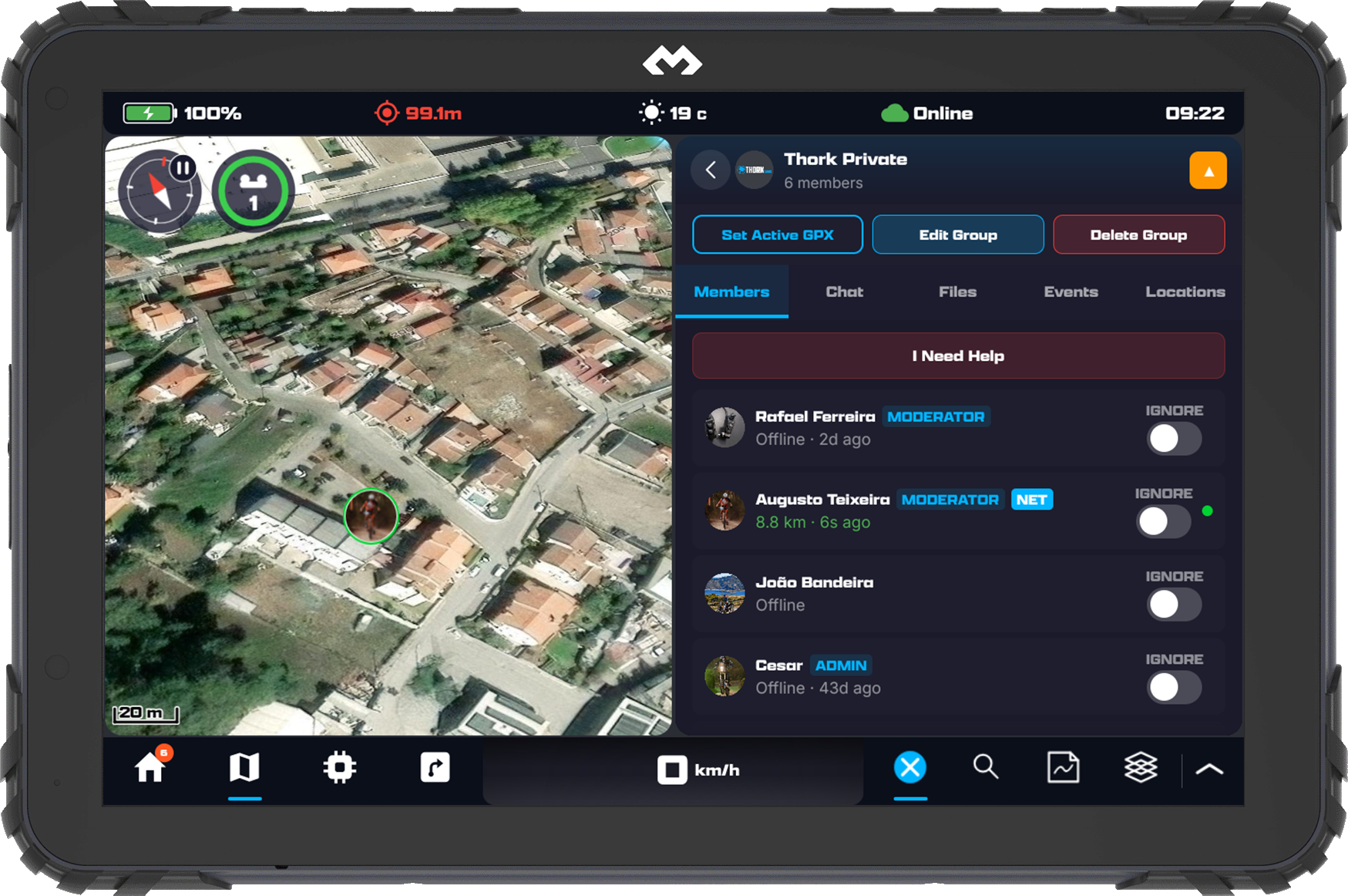 DMD² Riding Groups on a rugged DMD tablet: a group member live on the satellite map beside the group panel with its member list, roles and an I Need Help button