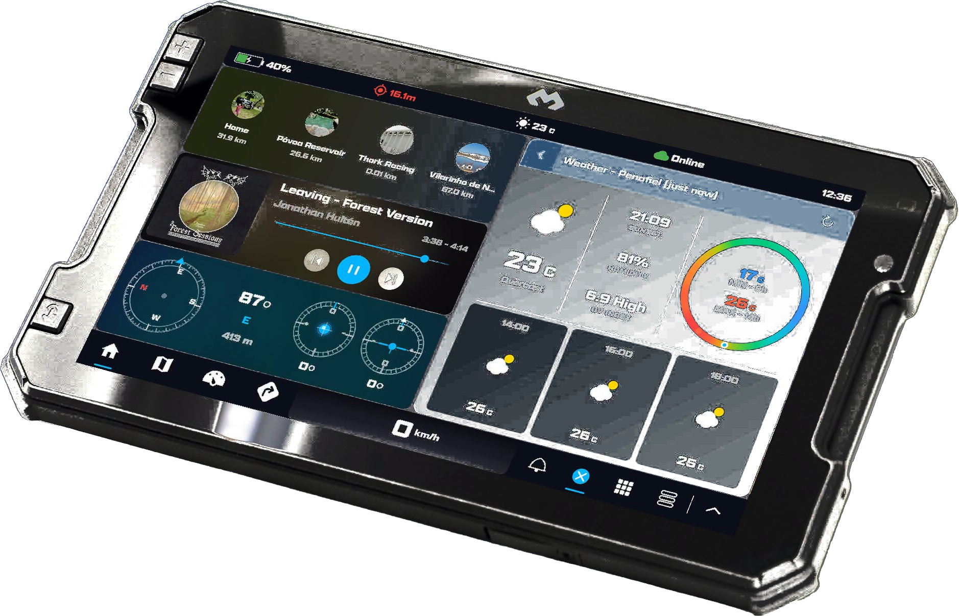 DMD² Home dashboard on a rugged DMD tablet: saved-location shortcuts, a media player, compass and instrument gauges, and a full weather panel