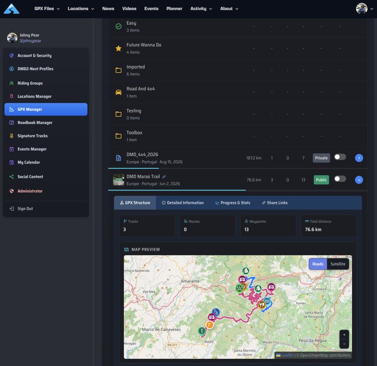 The HUB GPX Manager with folders, files and a map preview of the selected track