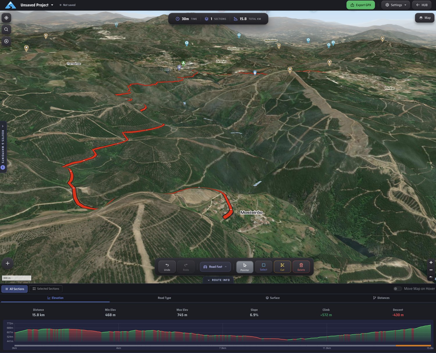 The DMD HUB route planner: a route drawn over 3D terrain with its elevation, road-type and surface profile below