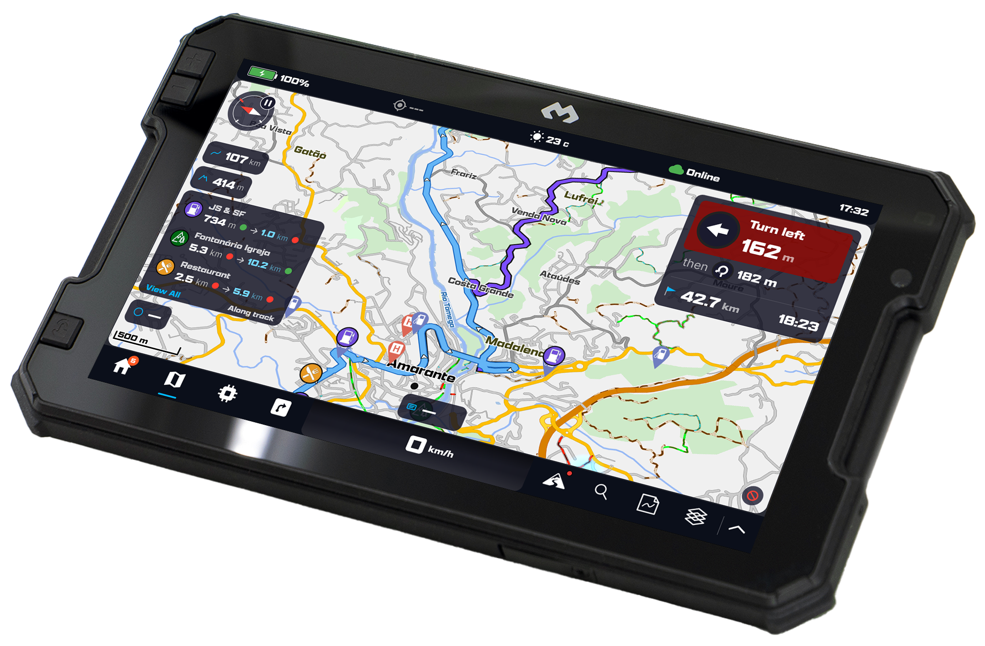 DMD² navigating offline on a rugged DMD tablet — topographic map, active route and a turn instruction