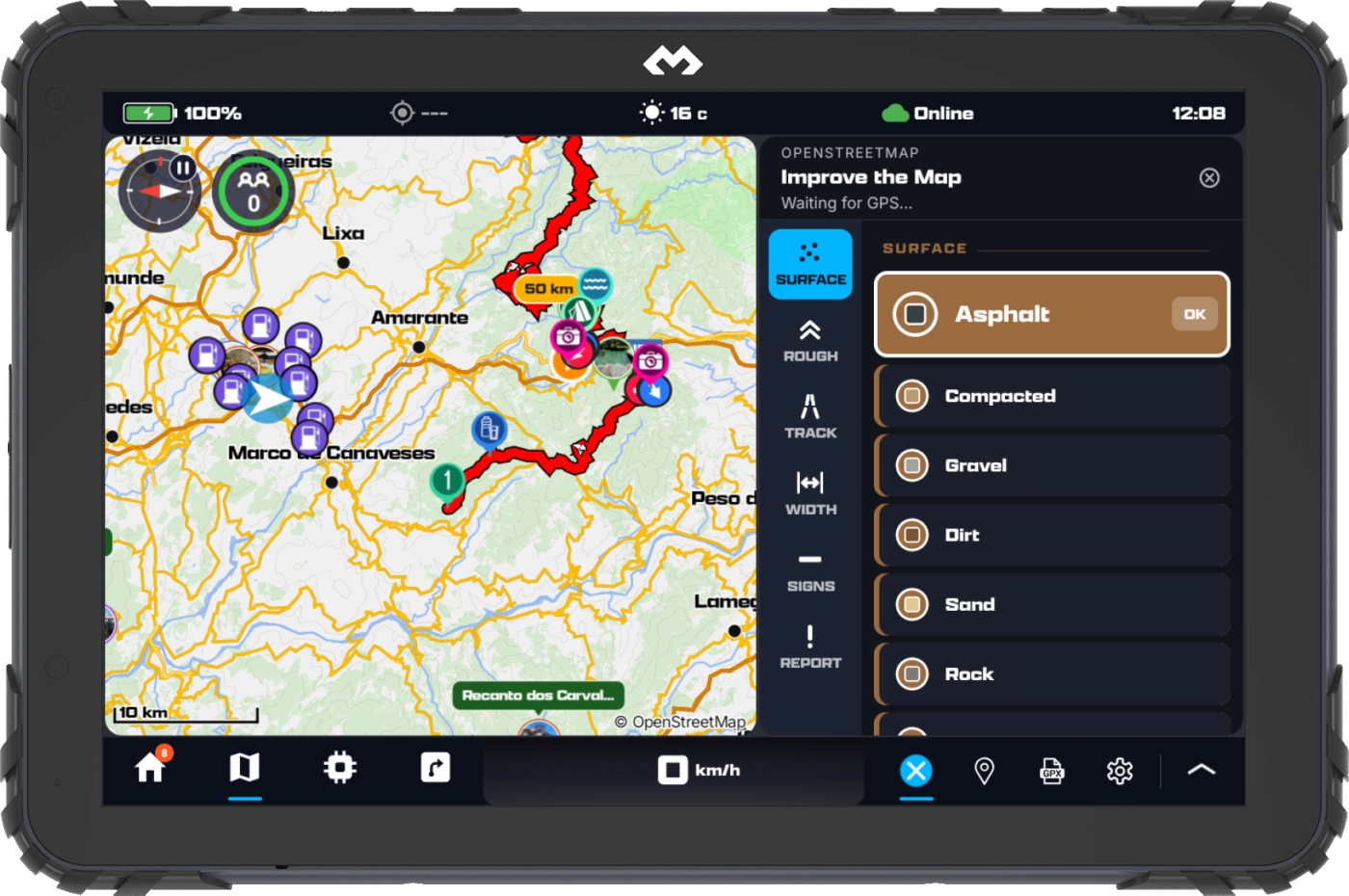 The Improve the Map panel beside the map on a rugged DMD tablet: the questions on a rail — Surface, Rough, Track, Width, Signs, Report — and the surface answers from Asphalt to Rock