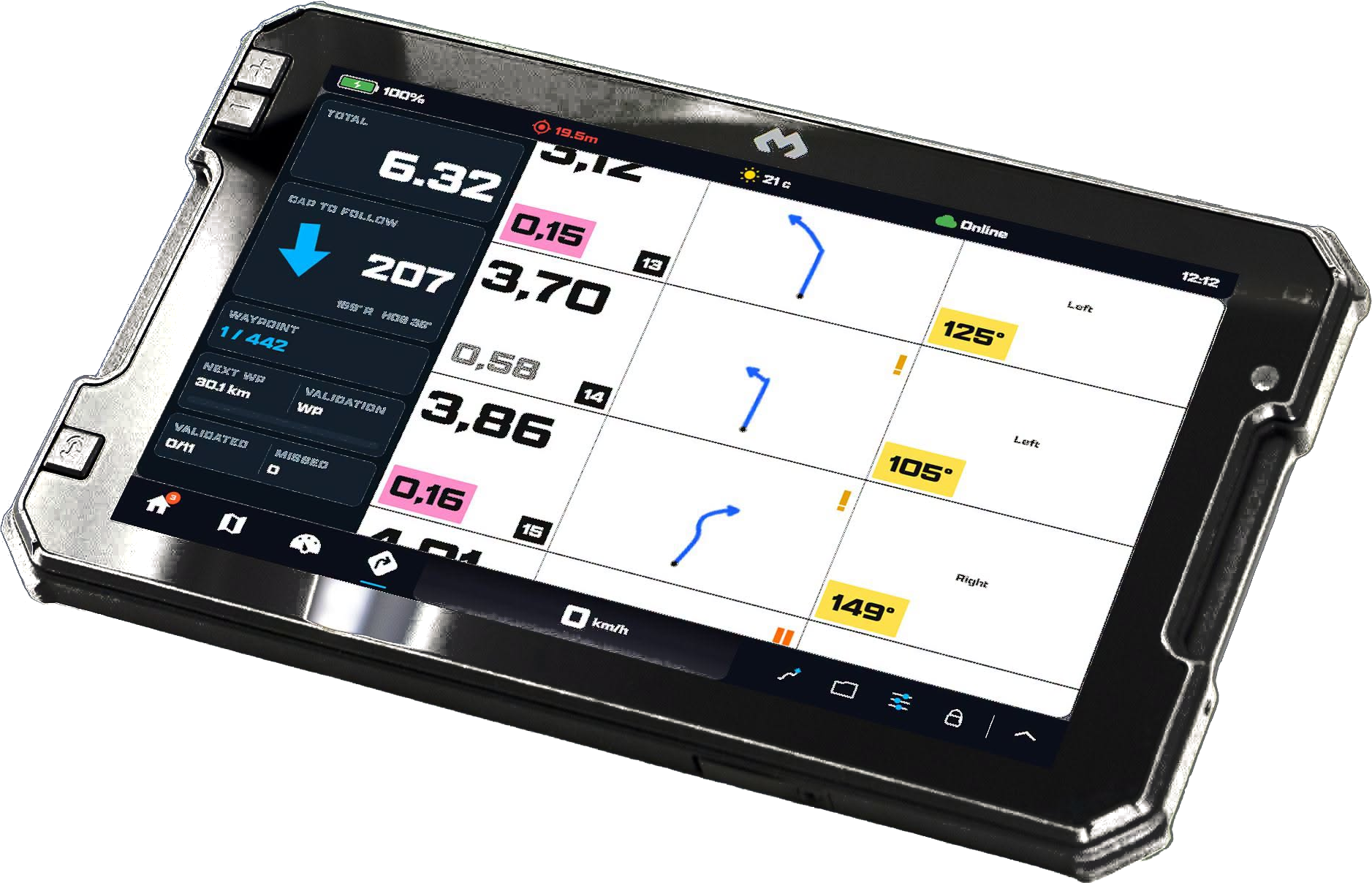 DMD² roadbook reader on a rugged DMD tablet: tulip instructions with distances and headings beside the total, cap to follow and waypoint validation panel