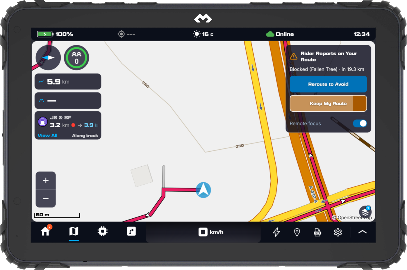 DMD² on a rugged DMD tablet, navigating: the Rider Reports on Your Route card warns of a fallen tree blocking the way 19.3 km ahead and offers Reroute to Avoid or Keep My Route