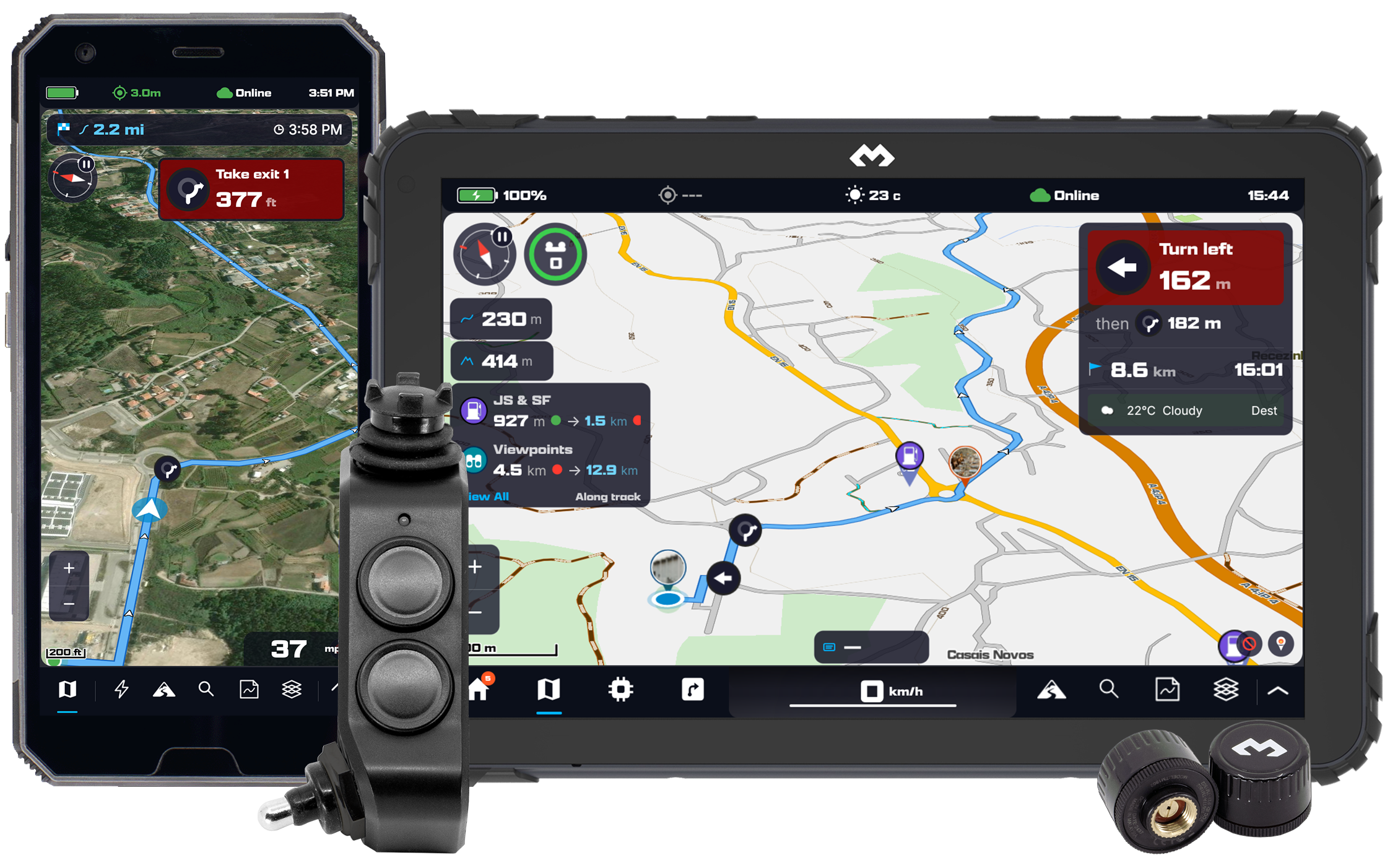 DMD² app running on a phone and DMD tablet with handlebar remote and TPMS sensors