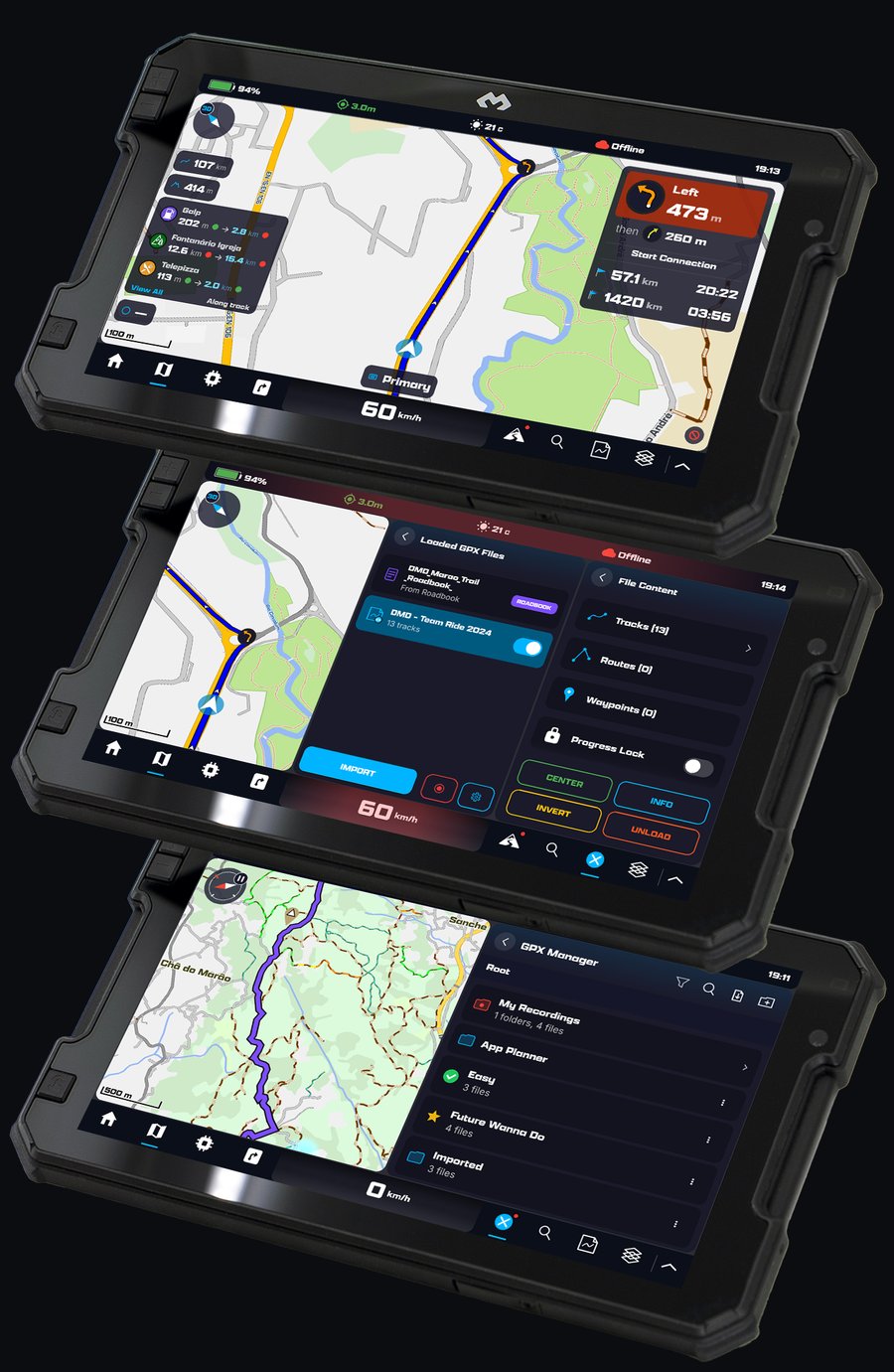Three DMD tablets: navigating a GPX track with the next turn called out, the loaded GPX files panel, and the GPX Manager with folders
