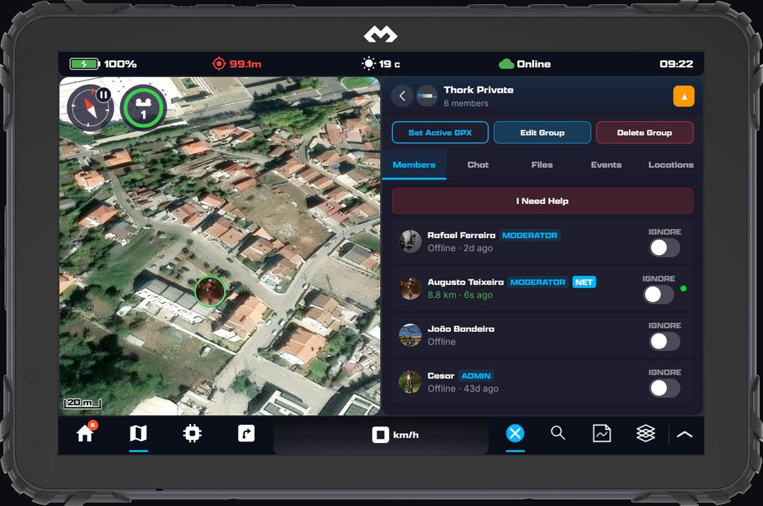 A riding group on a DMD tablet: a member live on the satellite map beside the member list with roles and an I Need Help button