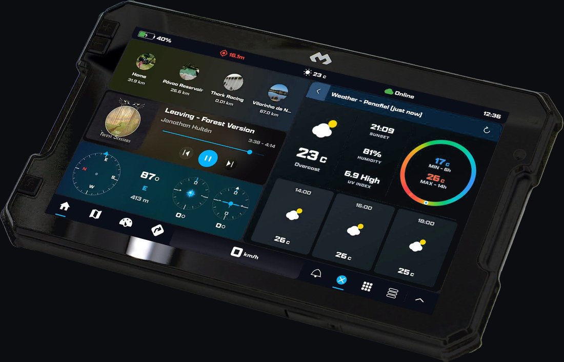 The DMD2 home dashboard: saved-location shortcuts, a media player, compass and instrument gauges, and a full weather panel