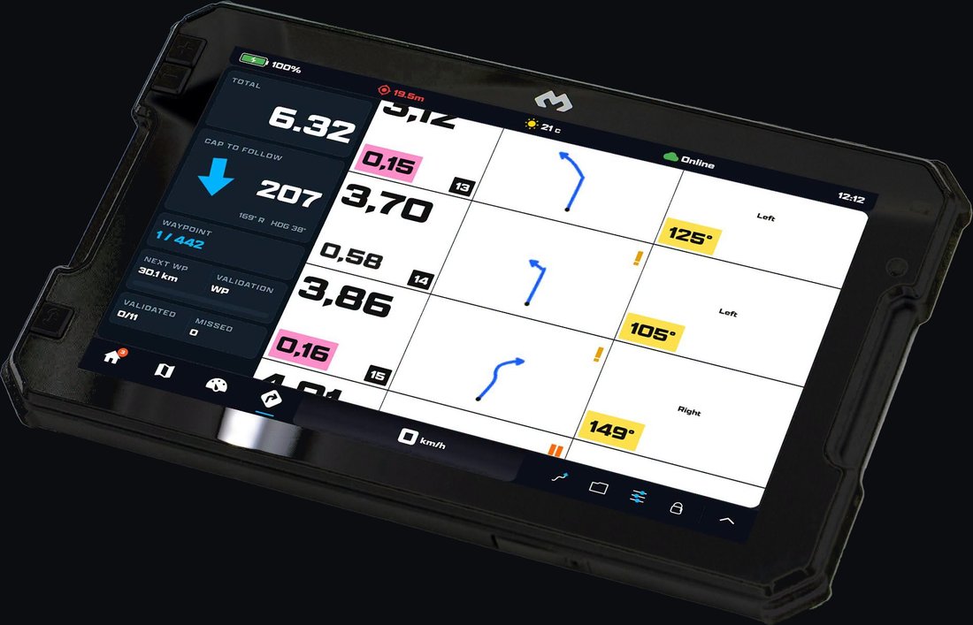 The DMD2 roadbook reader: tulip instructions with distances and headings beside the total, cap to follow and waypoint validation panel